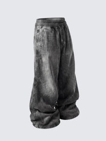 GUO WEAR WASHED DRAWSTRING WIDE LEG PANTS; Gray; front view in a styled setting