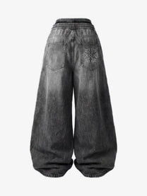 GUO WEAR WASHED DRAWSTRING WIDE LEG PANTS; Gray; back view