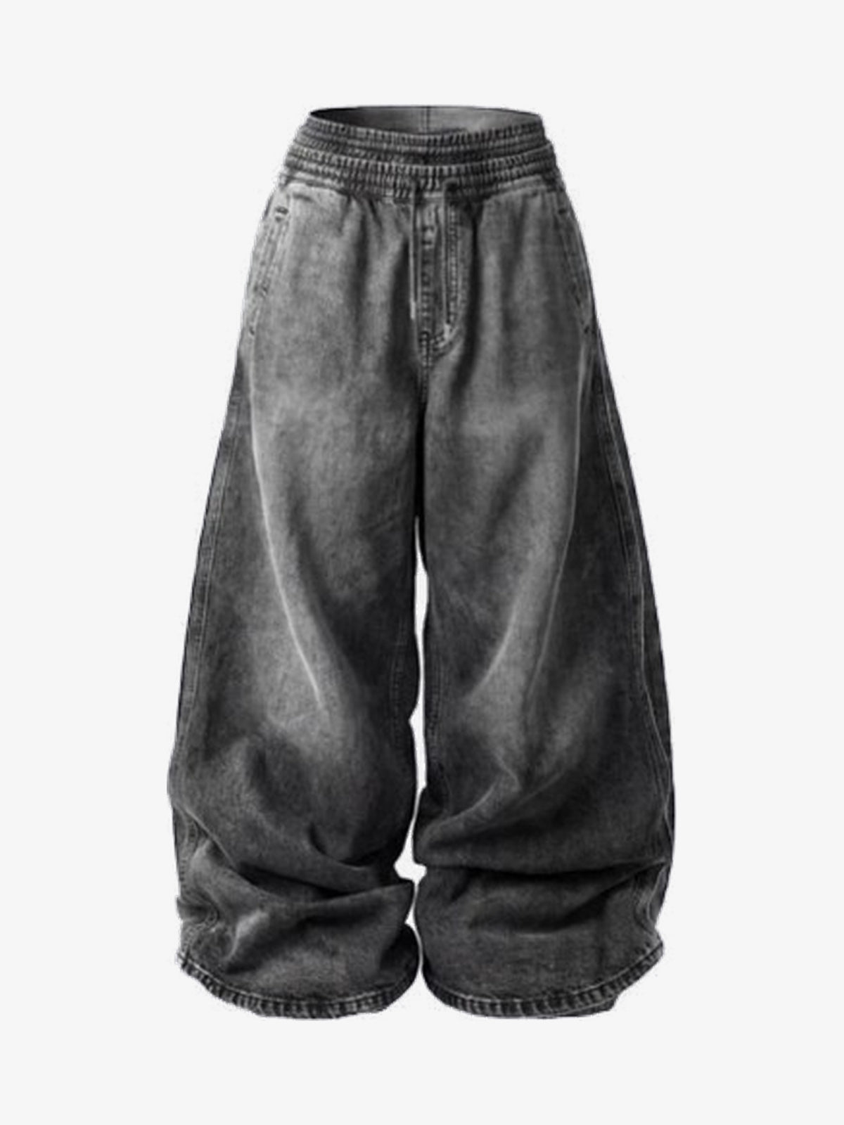 GUO WEAR WASHED DRAWSTRING WIDE LEG PANTS; Gray; front view