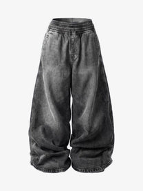 GUO WEAR WASHED DRAWSTRING WIDE LEG PANTS; Gray; front view