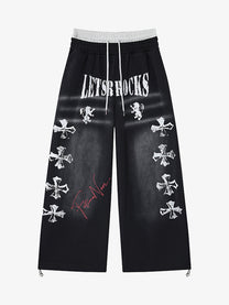 LETS ROCK CROSS SPRAY GRAPHIC SWEATPANTS; Black; front view
