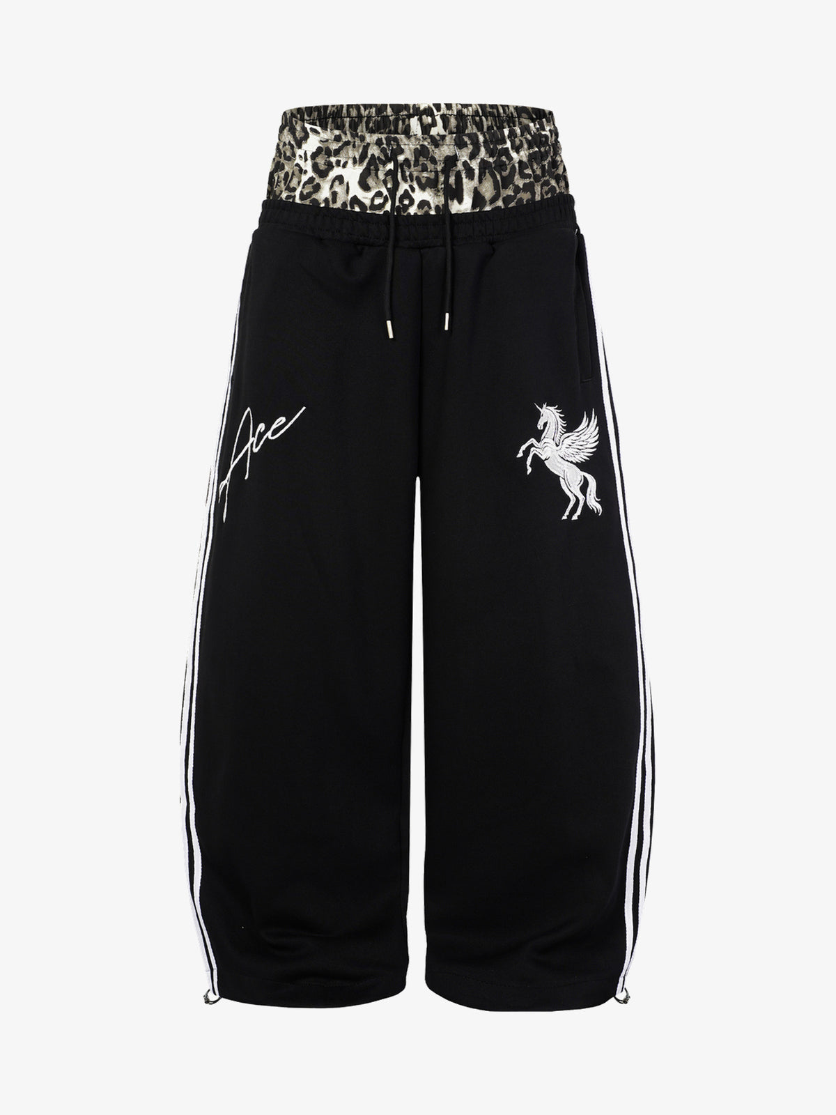 MADEGPSR LEOPARD DOUBLE WAIST BAGGY SWEATPANTS; Black; front view