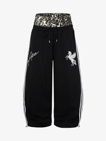 MADEGPSR LEOPARD DOUBLE WAIST BAGGY SWEATPANTS; Black; front view