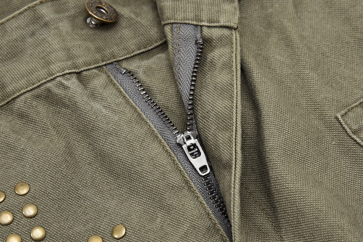 OREETA STUDDED CROSS CARGO PANTS; Green; garment construction detail