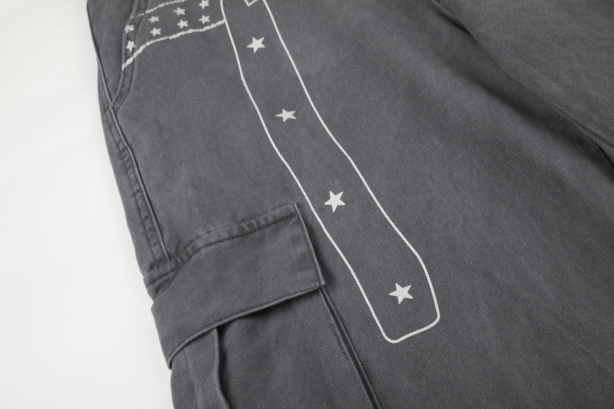 RVNTENG BELT PRINT BAGGY BARREL PANTS; Gray; design detail