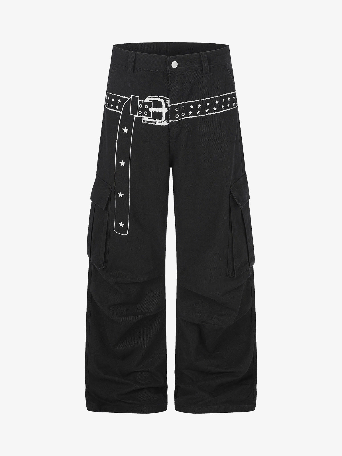 RVNTENG BELT PRINT BAGGY BARREL PANTS; Black; front view