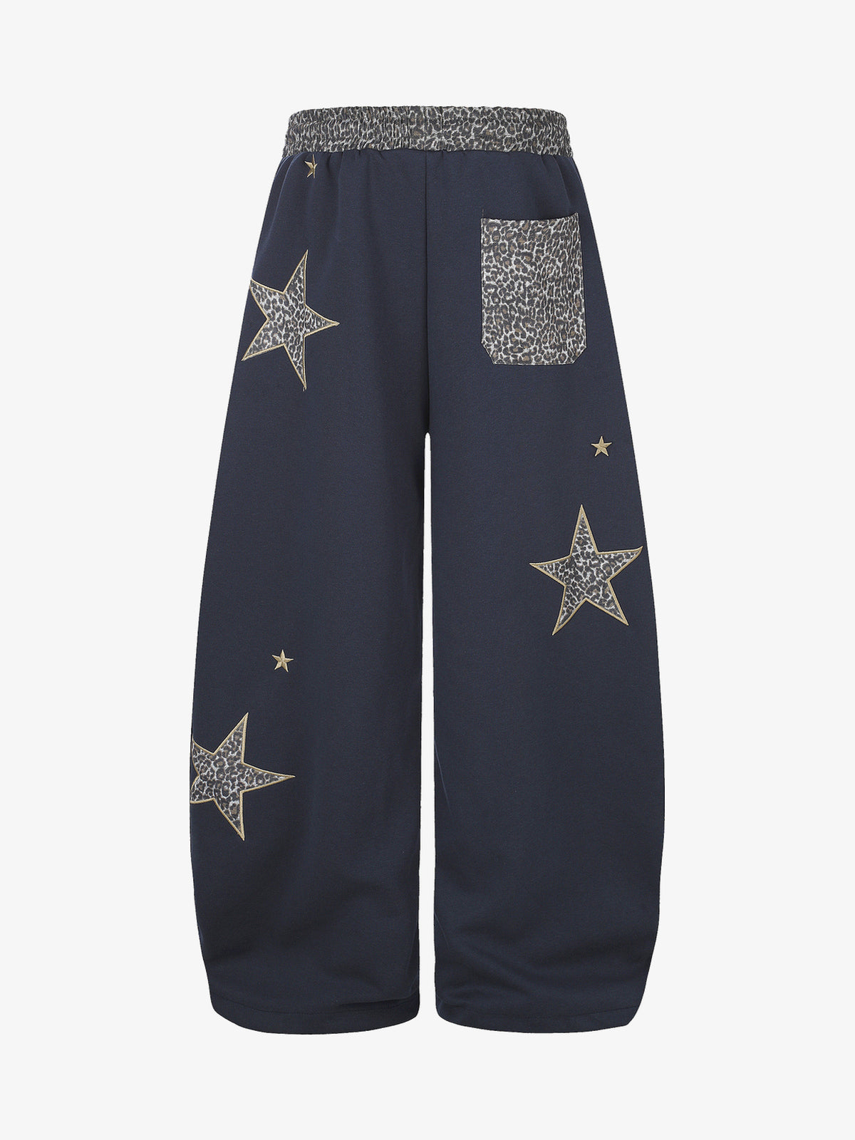 RVNTENG LEOPARD STAR BAGGY BARREL SWEATPANTS; Blue; back view