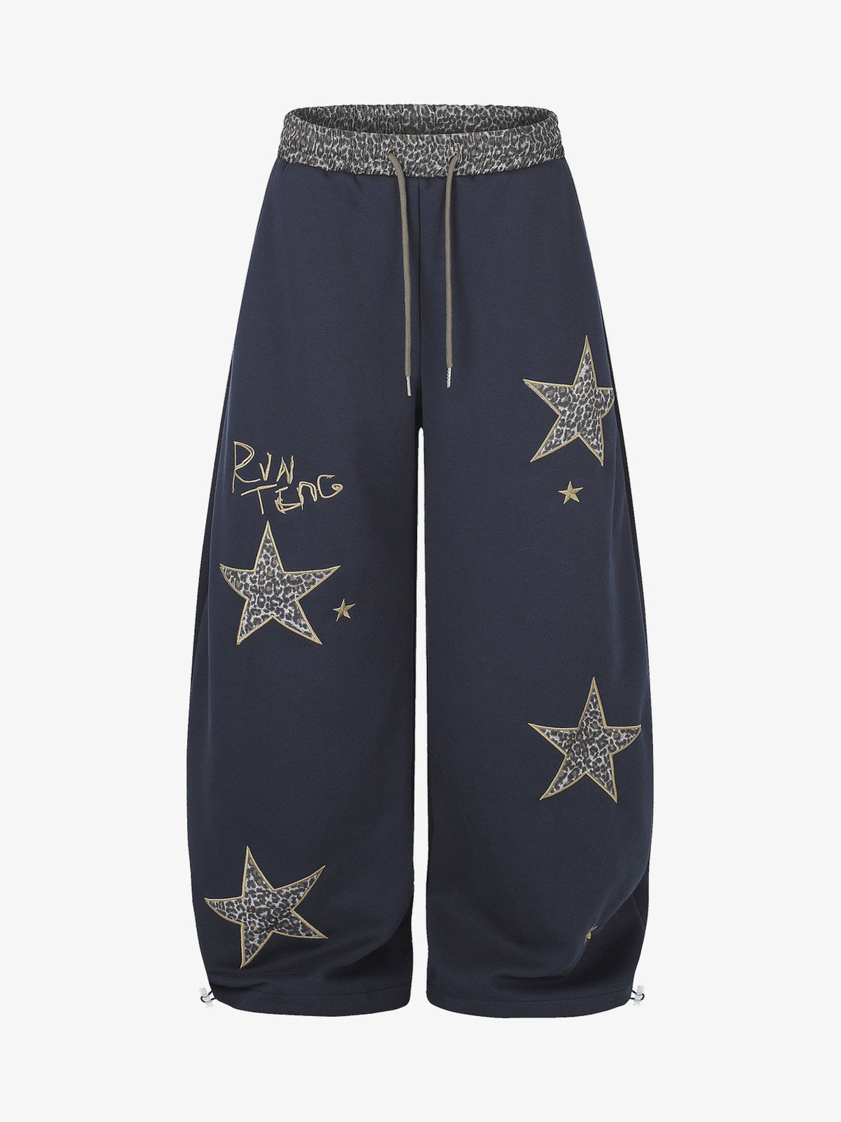 RVNTENG LEOPARD STAR BAGGY BARREL SWEATPANTS; Blue; front view
