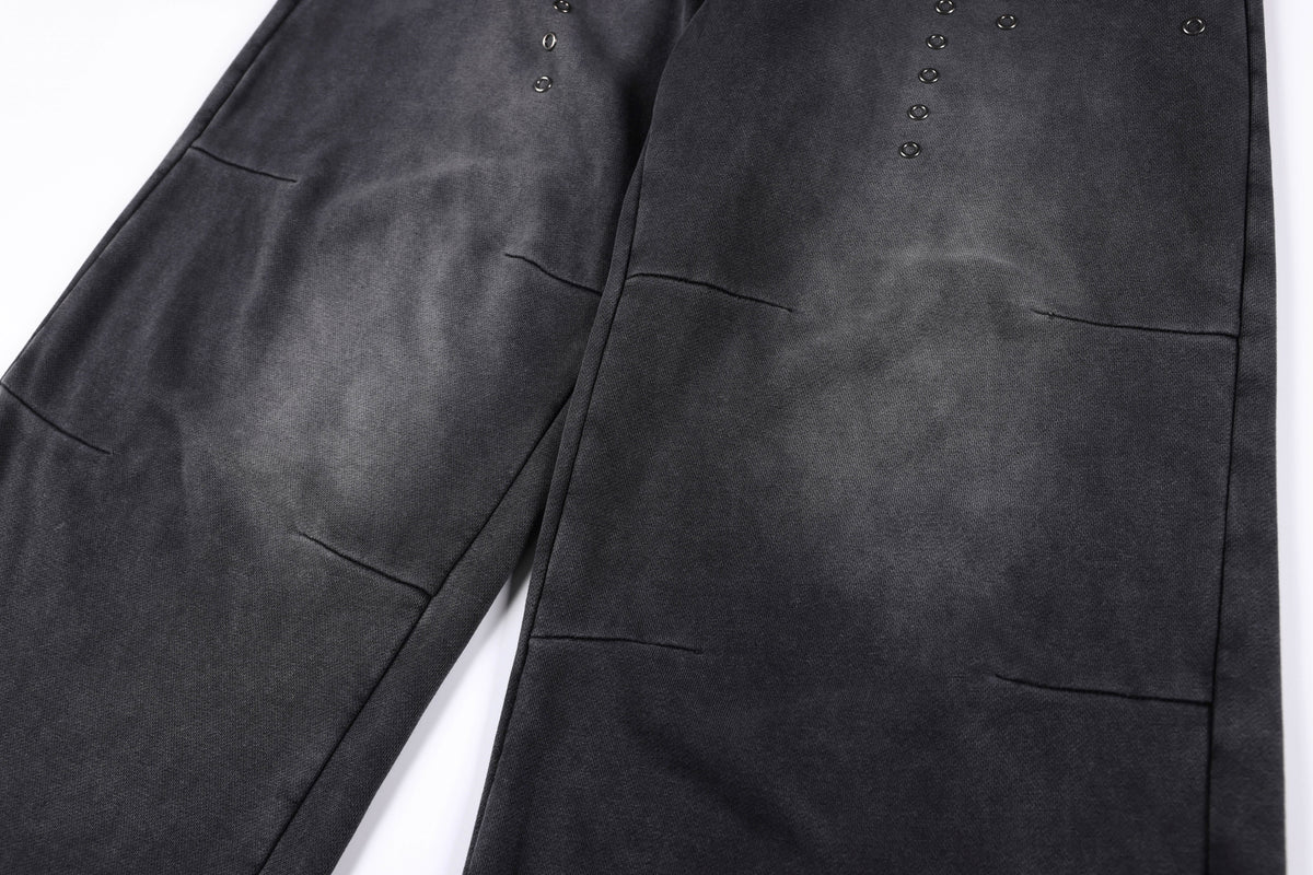SMK MADE STUDDED WASHED WIDE LEG PANTS; Black; garment construction detail