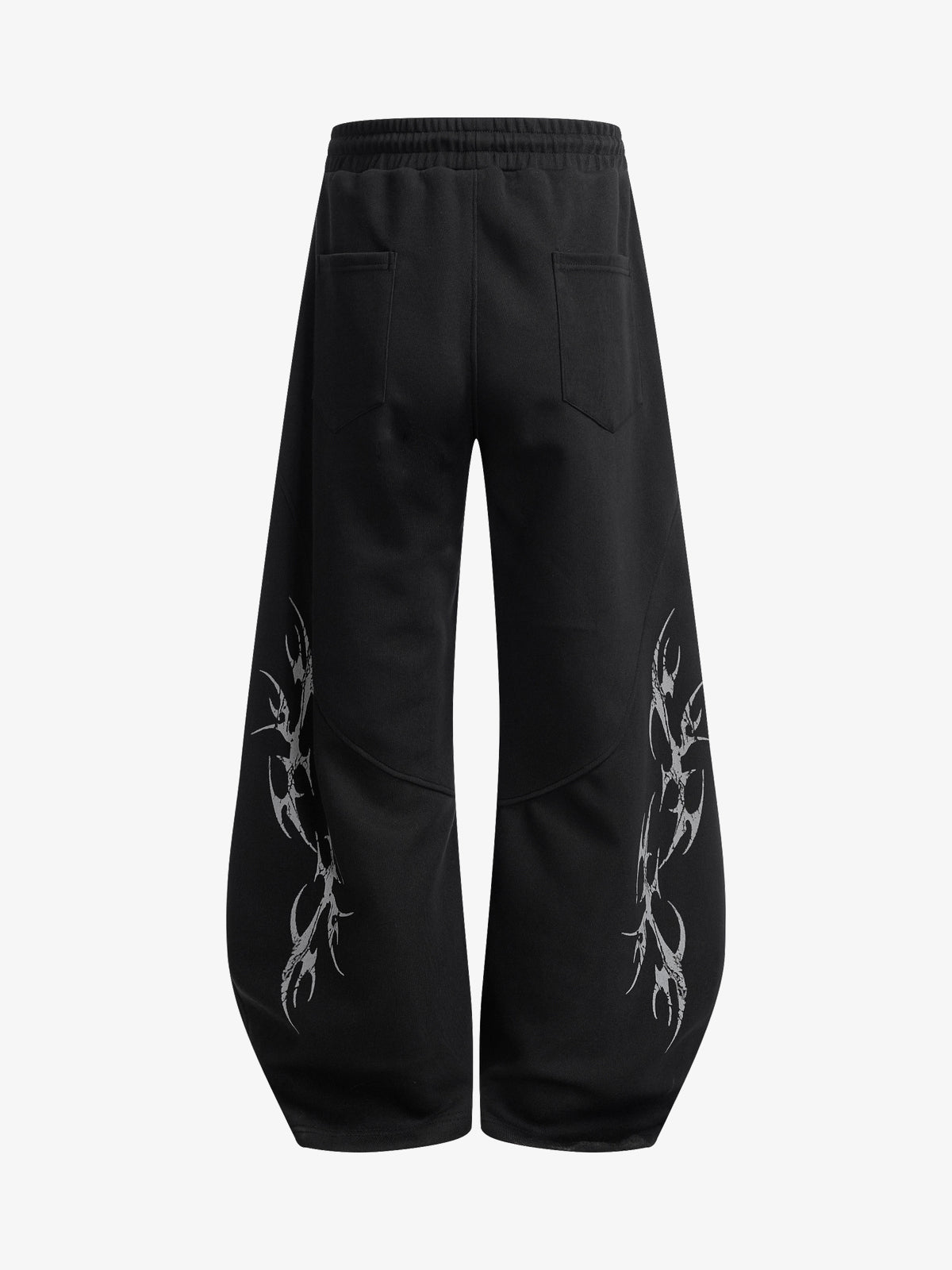 SMK MADE THORN PRINT BAGGY BARREL SWEATPANTS; Black; back view