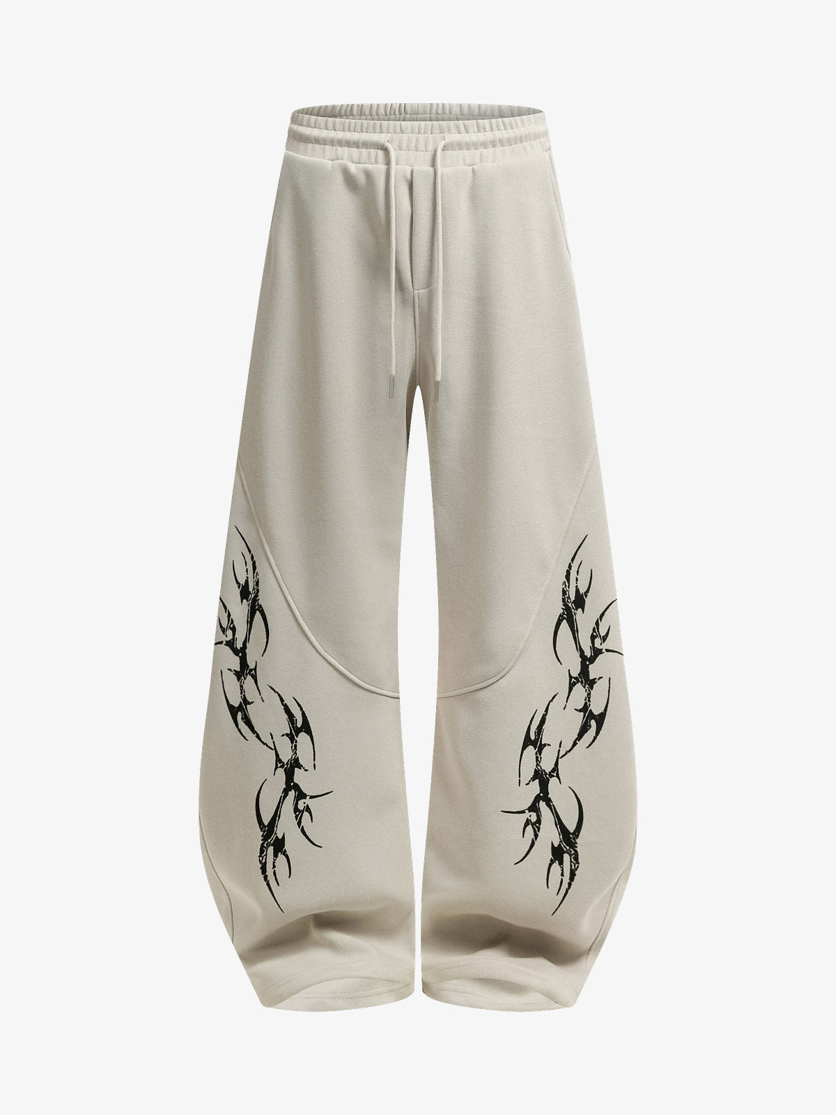 SMK MADE THORN PRINT BAGGY BARREL SWEATPANTS; Beige; front view