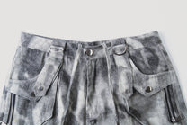 ZHANLAI DISTRESSED MULTI POCKET CARGO PANTS; Charcoal Gray; garment construction detail