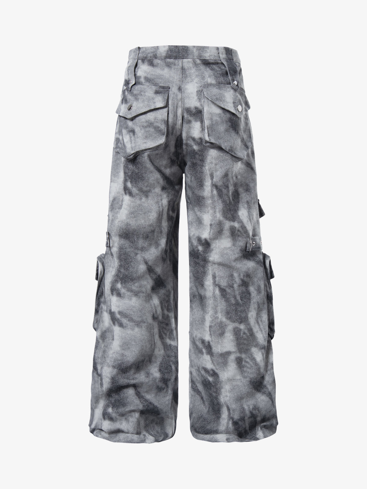 ZHANLAI DISTRESSED MULTI POCKET CARGO PANTS; Charcoal Gray; back view