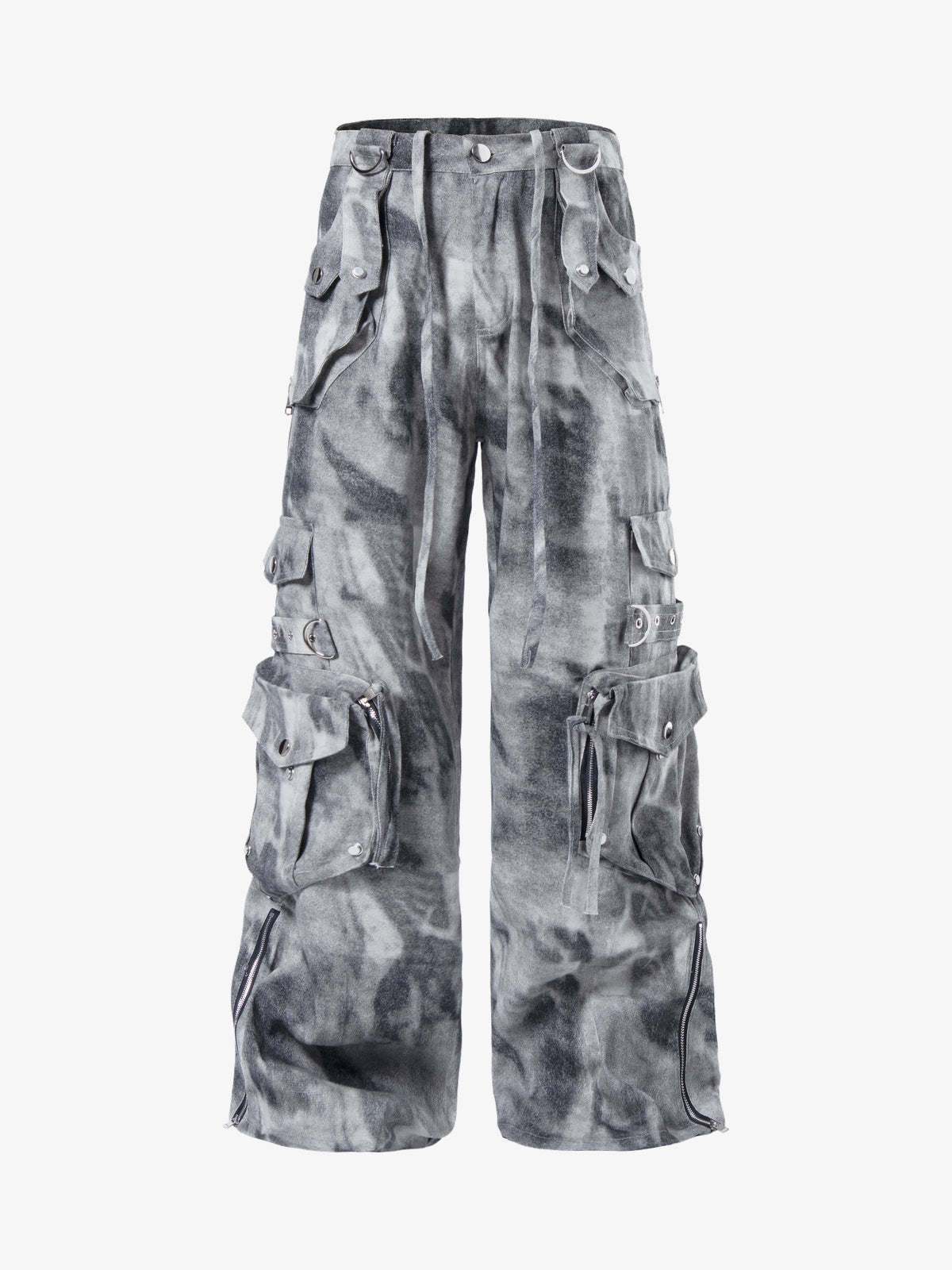 ZHANLAI DISTRESSED MULTI POCKET CARGO PANTS; Charcoal Gray; front view
