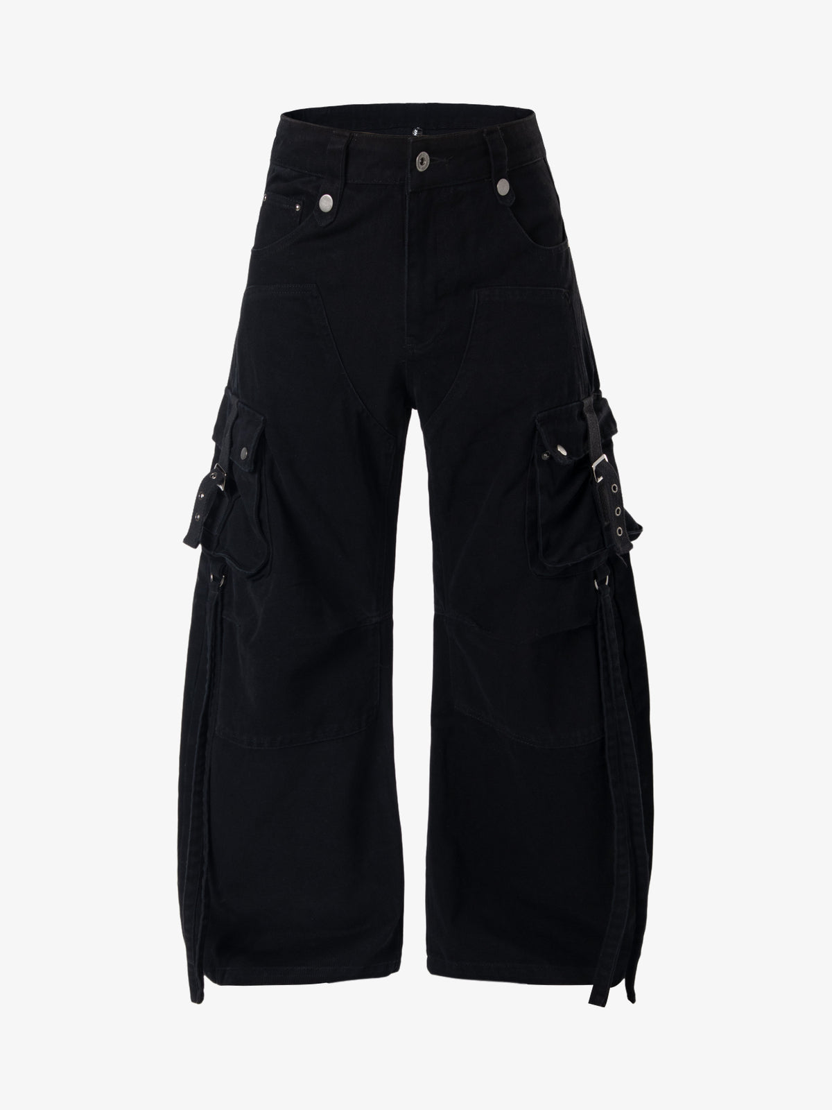 ZHANLAI STRAPPED CARGO POCKET PANTS; Black; front view