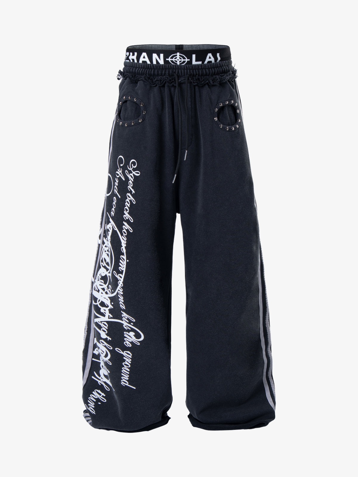 ZHANLAI SCRIPT PANEL WIDE SWEATPANTS; Black; front view