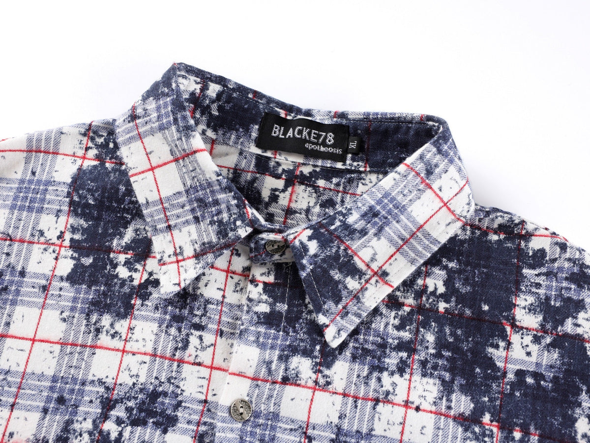 BLACK E78 SPLATTER PRINT PLAID SHIRT; White; garment construction detail