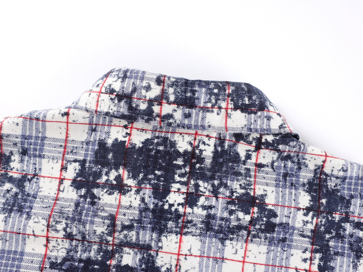 BLACK E78 SPLATTER PRINT PLAID SHIRT; White; garment construction detail