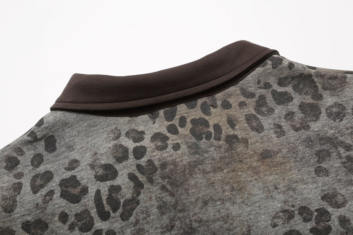 CHAN YOOU LEOPARD PRINT POLO SHIRT; Gray Leopard; garment construction detail
