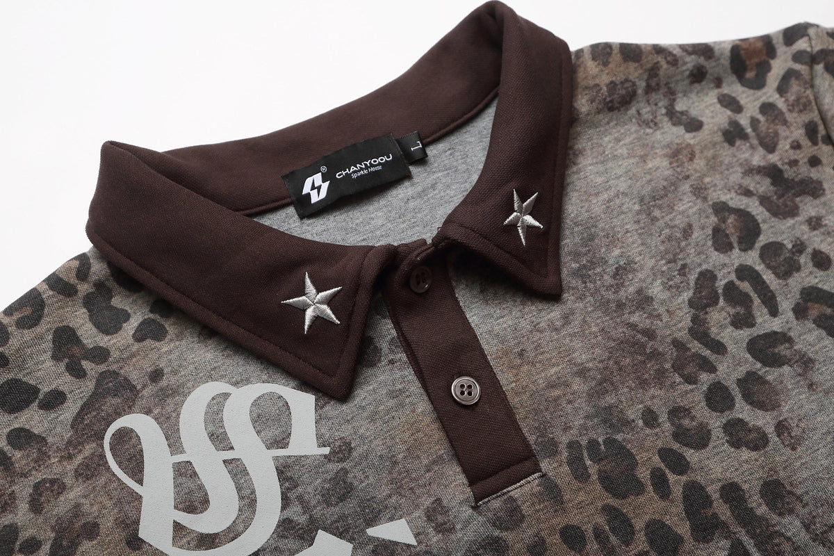 CHAN YOOU LEOPARD PRINT POLO SHIRT; Gray Leopard; garment construction detail