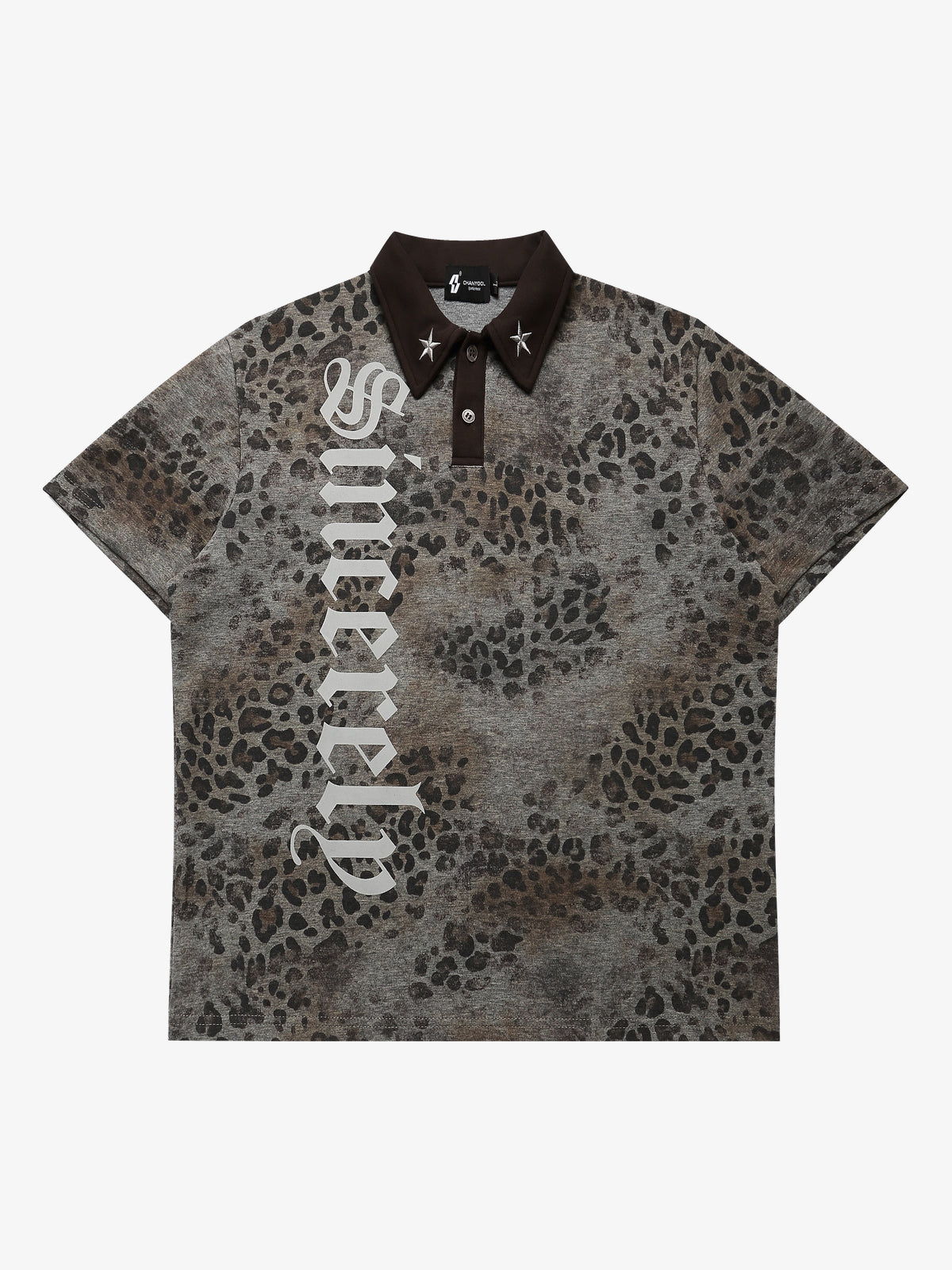 CHAN YOOU LEOPARD PRINT POLO SHIRT; Gray Leopard; front view