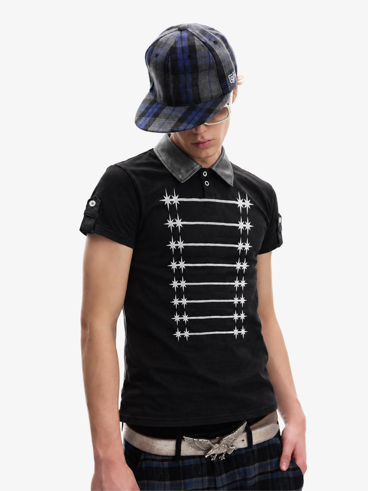 DETW METAL BUTTON GRID POLO SHIRT; Black; model view
