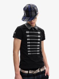 DETW METAL BUTTON GRID POLO SHIRT; Black; model view
