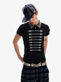 DETW METAL BUTTON GRID POLO SHIRT; Black; model view