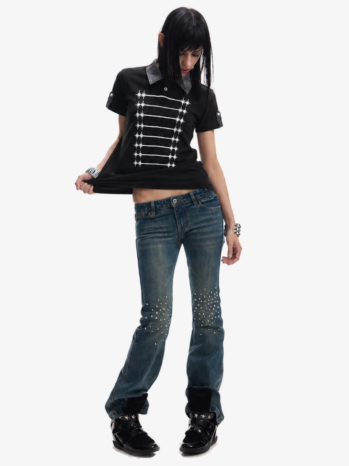DETW METAL BUTTON GRID POLO SHIRT; Black; model view
