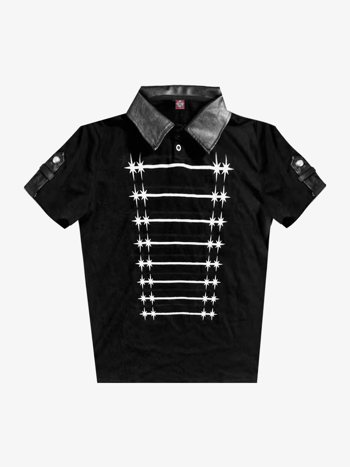 DETW METAL BUTTON GRID POLO SHIRT; Black; front view