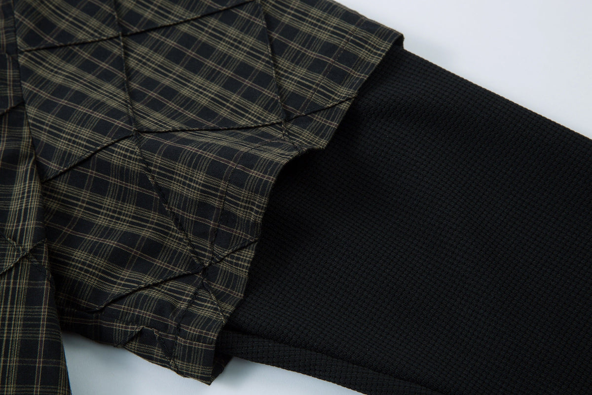 MCCNN PLAID LAYERED SLEEVE SHIRT; Brown; garment construction detail