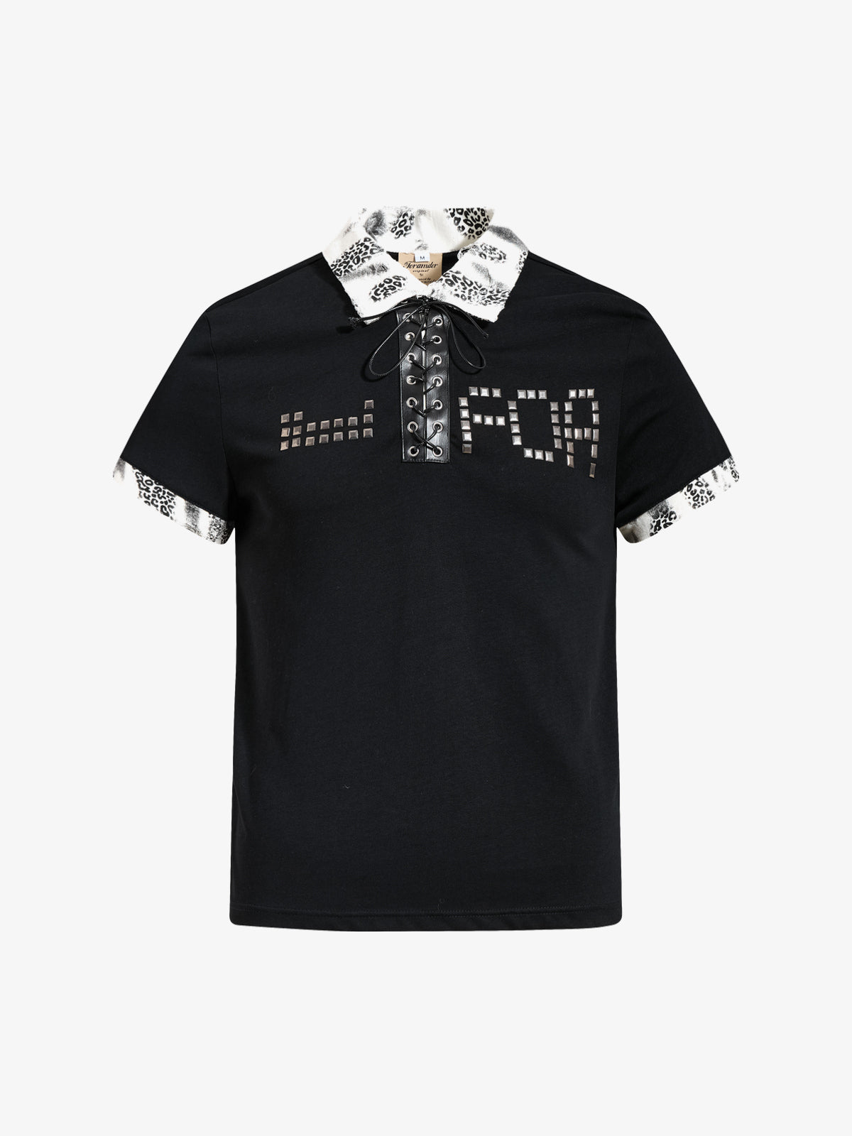 OREETA STUDDED LACE-UP LEOPARD-TRIM POLO SHIRT; Black; front view