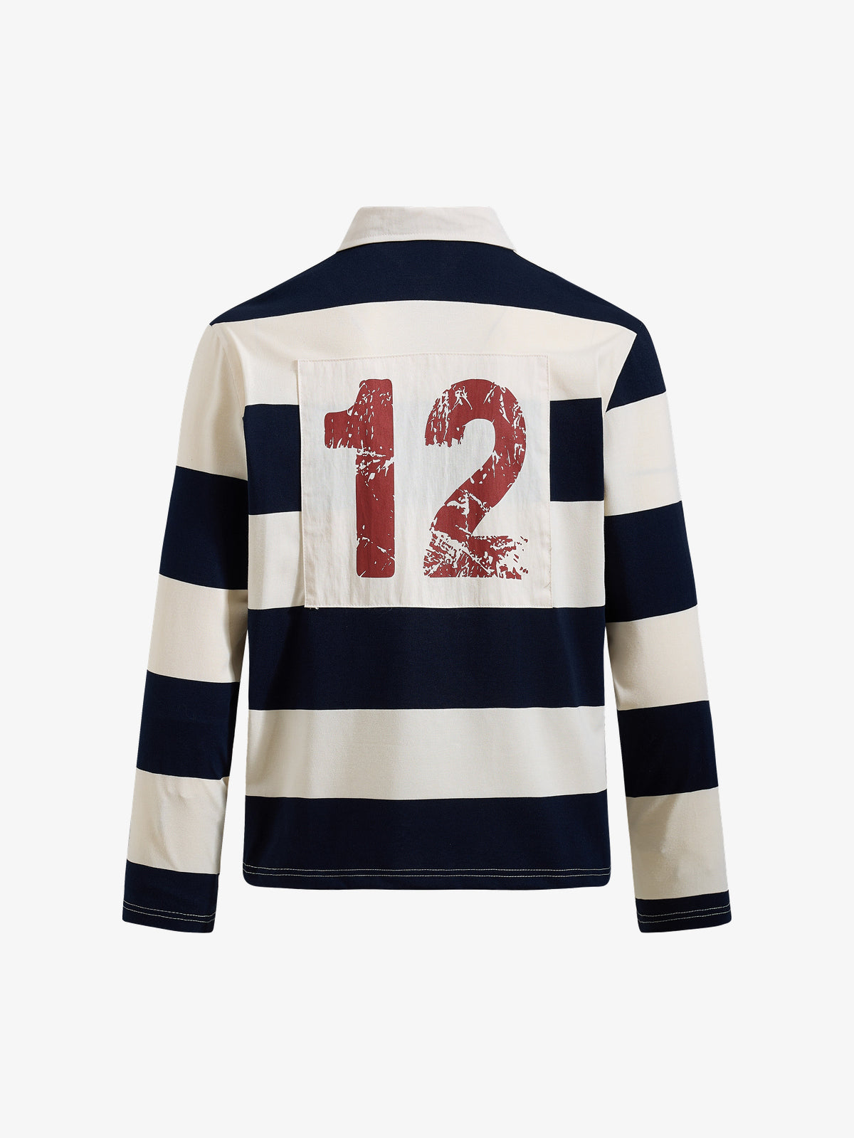 OREETA NUMBER 12 STRIPED RUGBY SHIRT; Blue; back view