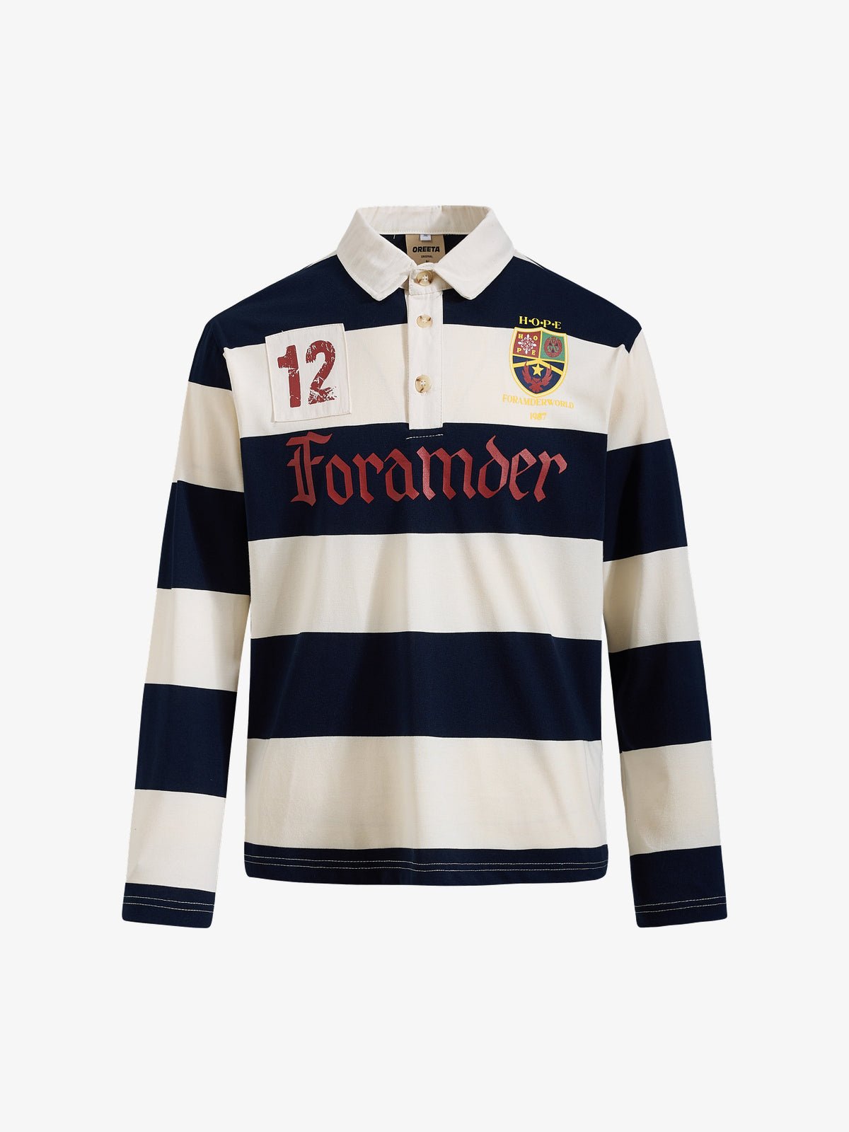 OREETA NUMBER 12 STRIPED RUGBY SHIRT; Blue; front view