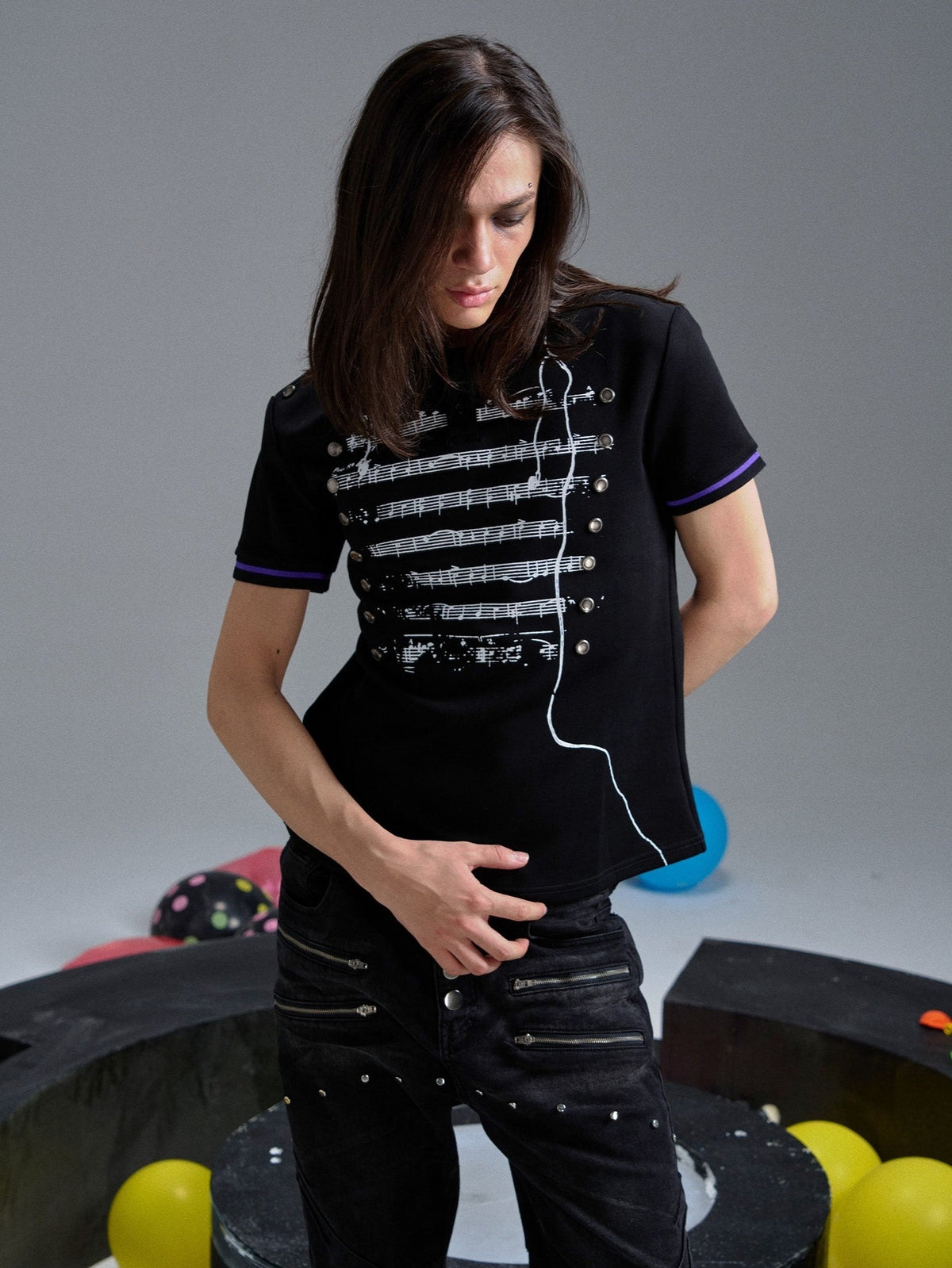 PAIKI ORNATE BUTTON POLO SHIRT; Black; model view