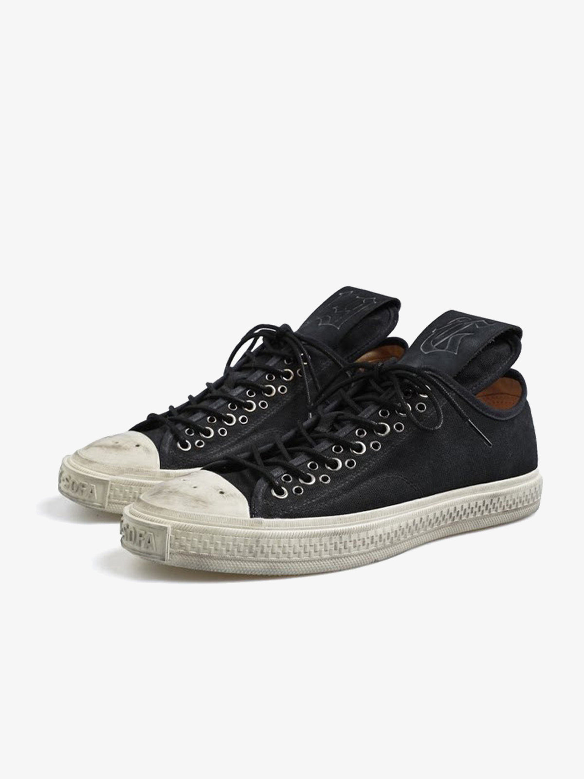 CAT SOFA DISTRESSED OVERSIZED TONGUE SNEAKERS; Black; product view
