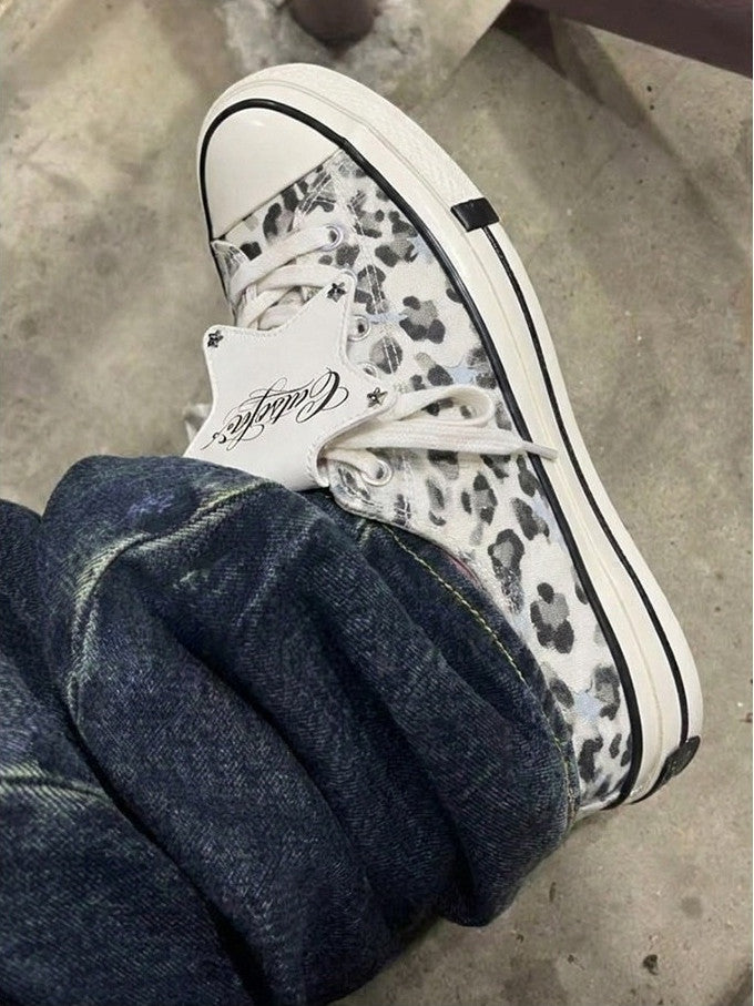 CAT SOFA LEOPARD PRINT FOLDOVER TONGUE SNEAKERS; White; on-foot view