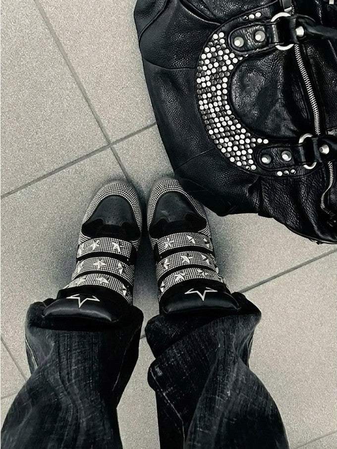 CAT SOFA RHINESTONE STRAP WEDGE SNEAKERS; Black/Gray Leopard; on-foot view
