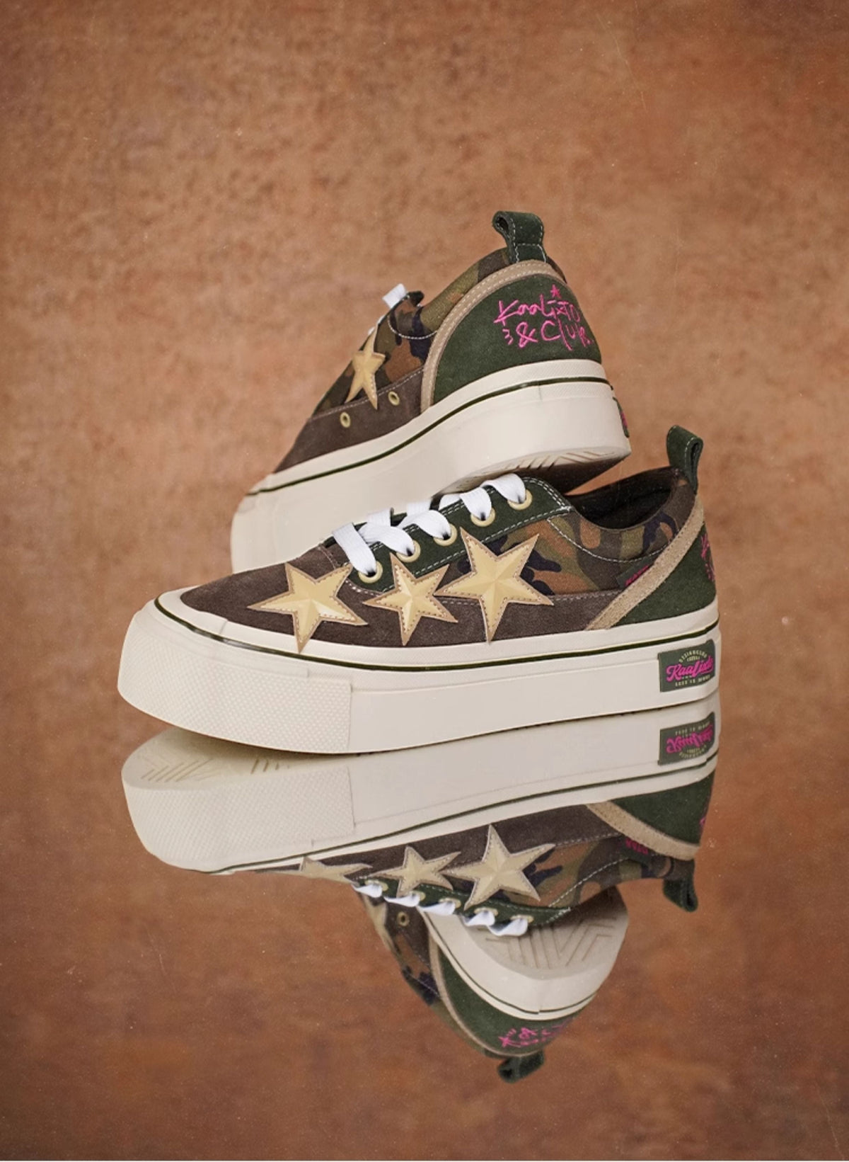KAALIXTO CAMO STAR PATCH SNEAKERS; Camo Green; styled product view