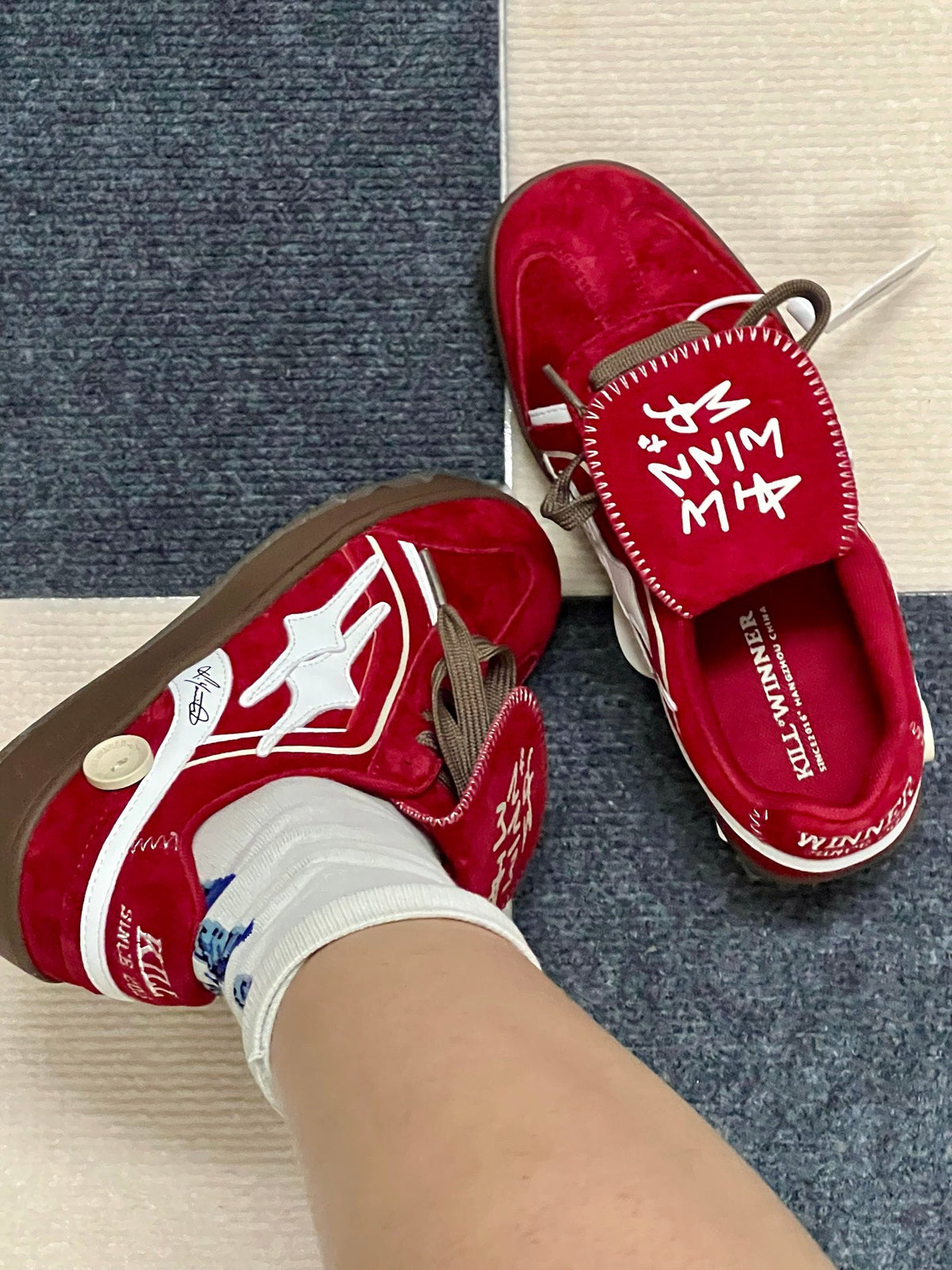 KILL WINNER CONTRAST PANEL COURT SNEAKERS; Red; on-foot view
