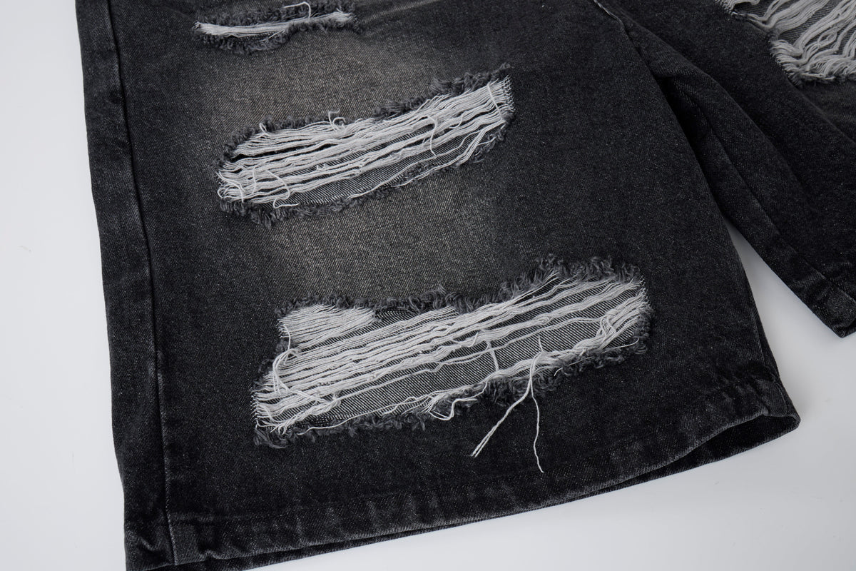 ATSF30 DISTRESSED RIP LONG JORTS; Black; design detail
