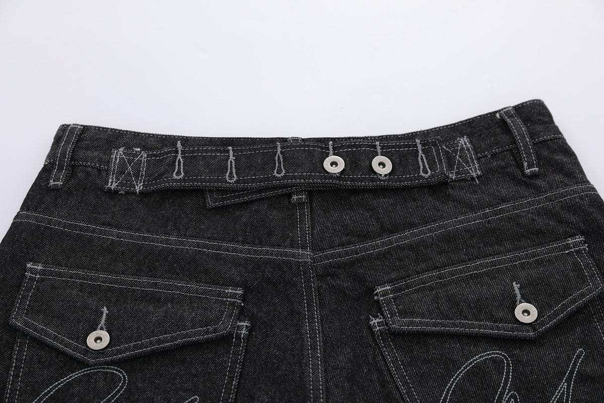 BLANKIN CONTRAST STITCH JORTS; Black; garment construction detail