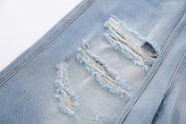 BLANKIN DISTRESSED RAW EDGE JORTS; Blue; design detail