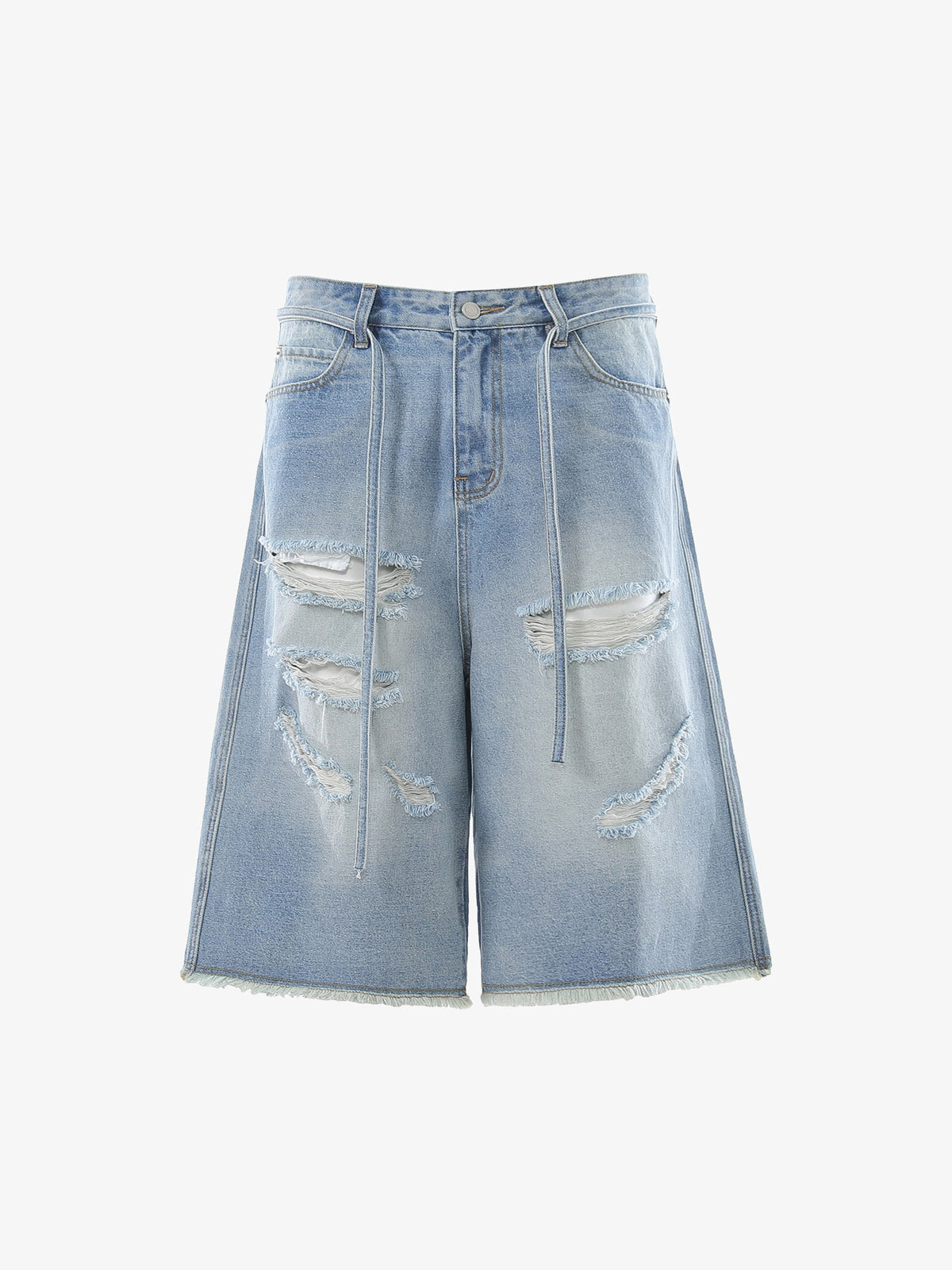 BLANKIN DISTRESSED RAW EDGE JORTS; Blue; front view