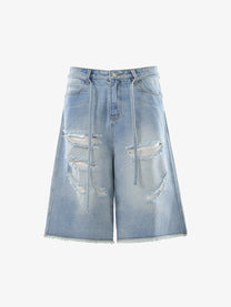 BLANKIN DISTRESSED RAW EDGE JORTS; Blue; front view