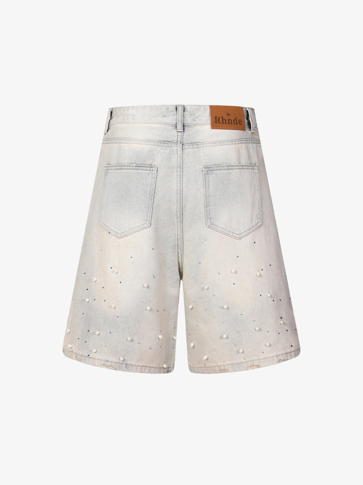 CHAOGU PEARL EMBELLISHED LIGHT WASH SHORTS; Light Gray; back view