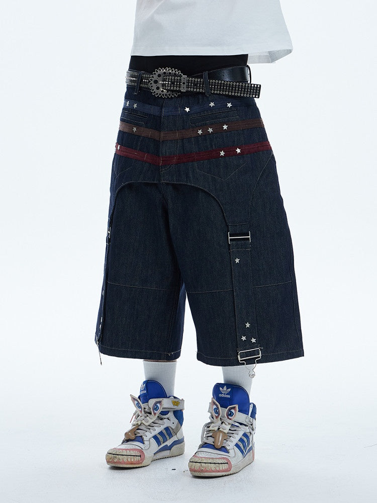 DND4DES STAR STUDDED PANEL DENIM SHORTS; Gray; model view