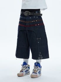 DND4DES STAR STUDDED PANEL DENIM SHORTS; Gray; model view