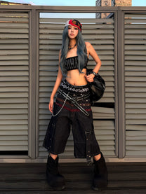 DND4DES STAR STUDDED PANEL DENIM SHORTS; Gray; model view