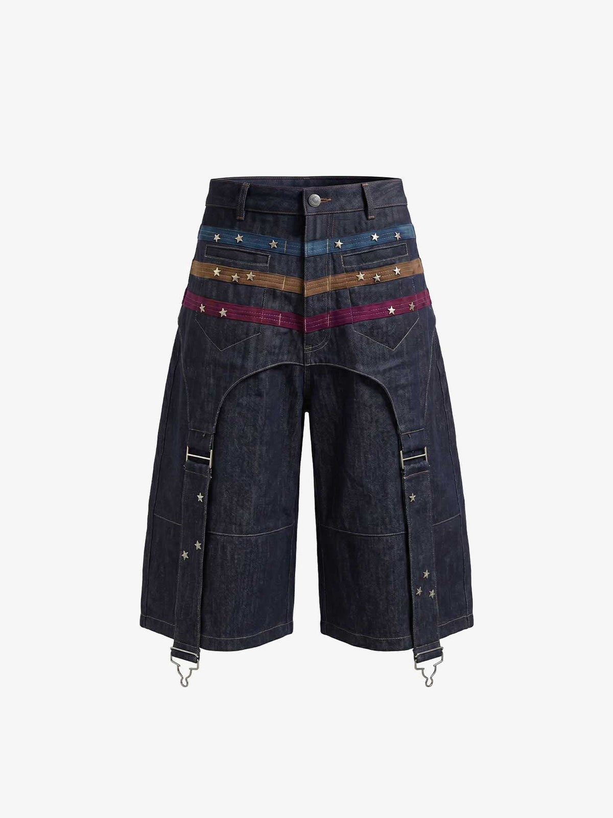 DND4DES STAR STUDDED PANEL DENIM SHORTS; Gray; front view